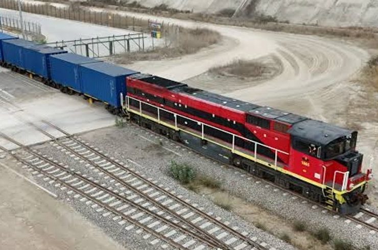 A freight train on the Lobito Corridor railway linking Angola's Atlantic port of Lobito with the mineral-rich interior o